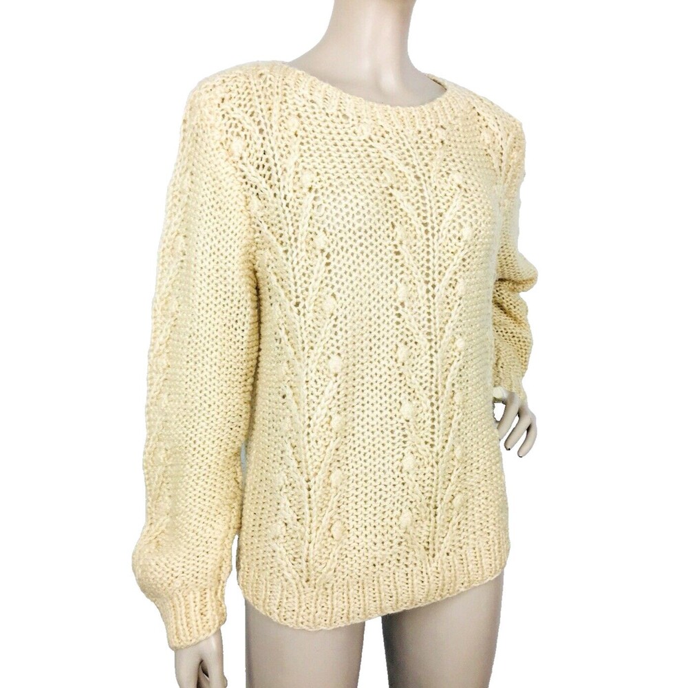 Vintage 80s Bernadette Women's Beige Chunky Knit Crochet Sweater Size S/M
